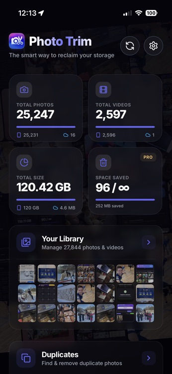 Photo Trim aplikacija prikazuje pregled prostora i foto biblioteku